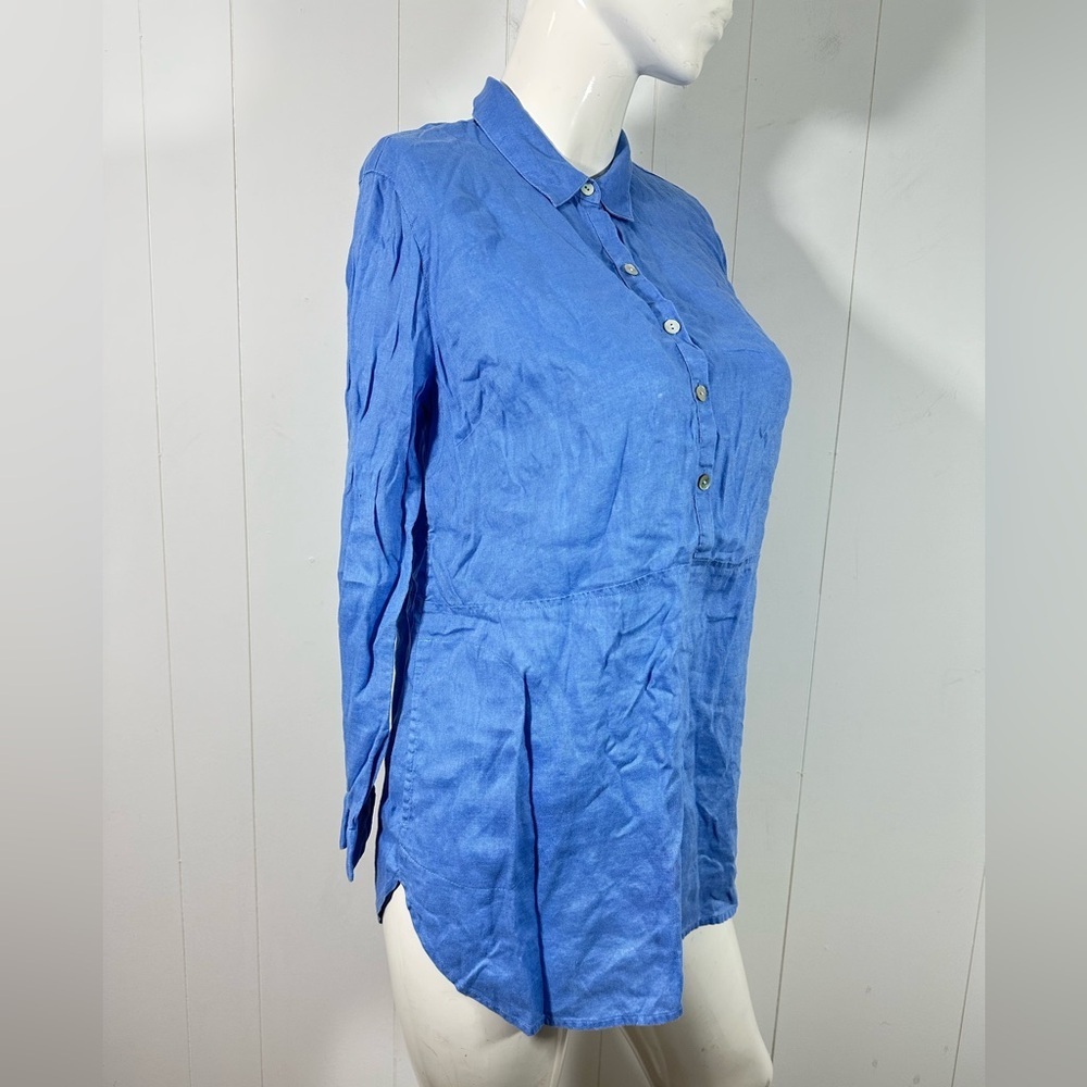 J Jill Love Linen Sz S Petite Blue Half Button Tunic With Side Pockets Roll Tab - Picture 3 of 12